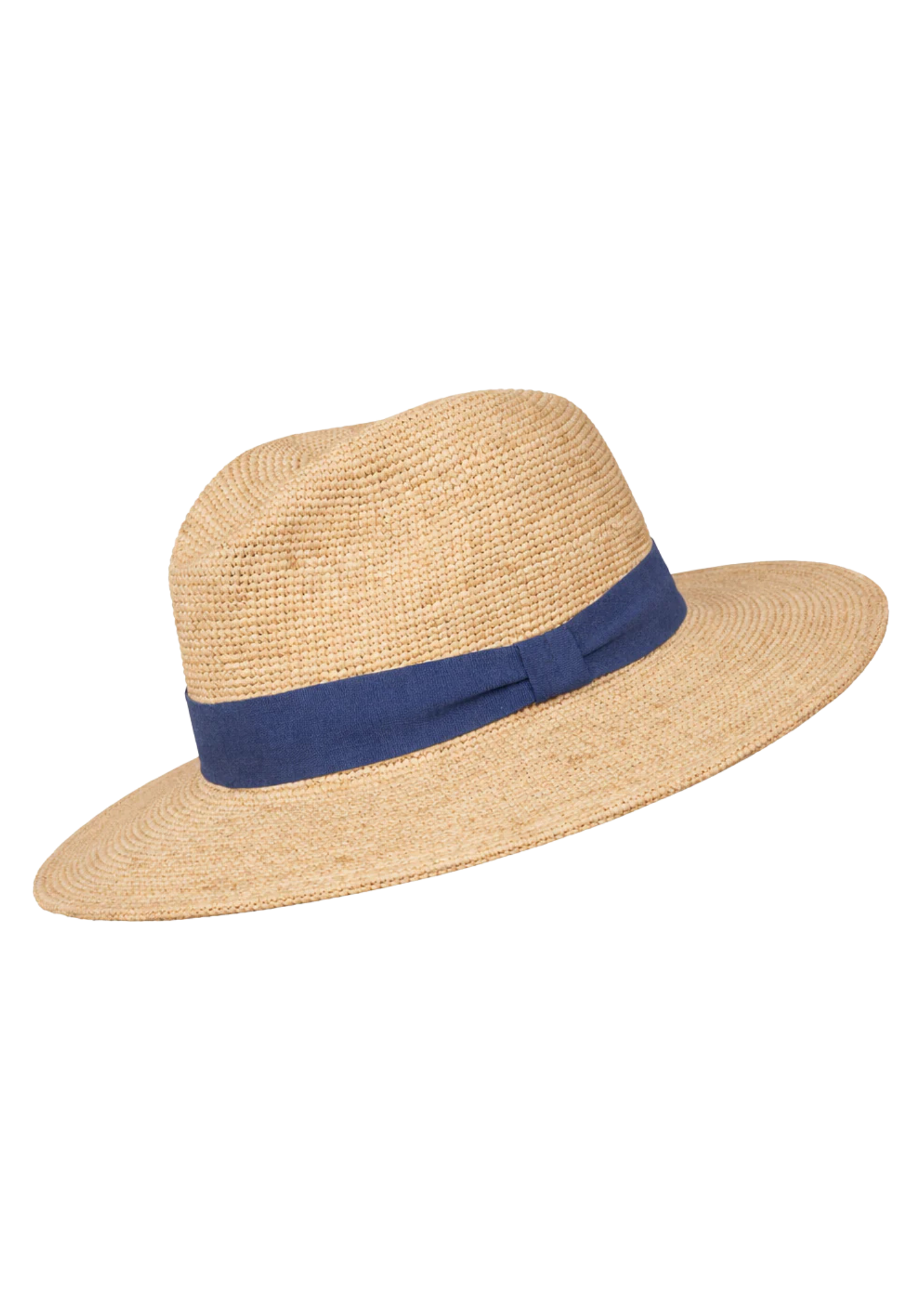 Raffia beige straw hat with a blue band on a white background
