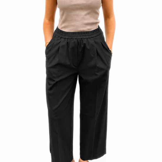 Black elasticated waist trouser on a model