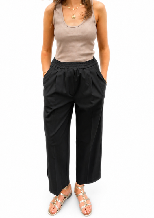 Black elasticated waist trouser on a model