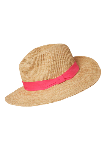 Straw hat with a pink band on a white background