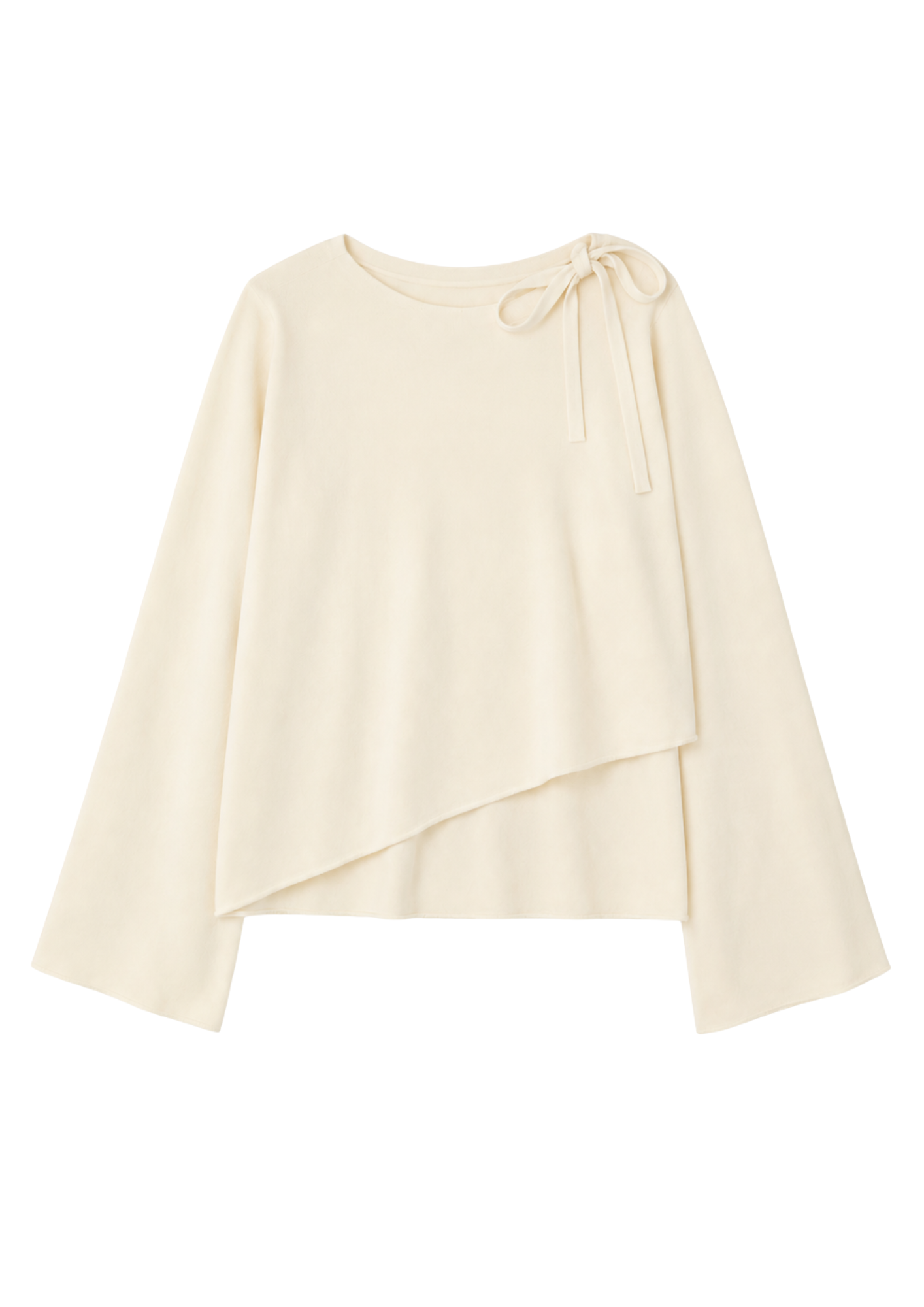 Cream-colored wrap knit with a tie detail on a white background
