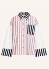 A long-sleeve button-up shirt with a pink and white vertical stripe body, contrasting black and white striped collar, chest pocket, and cuffs, displayed on a light cream background.