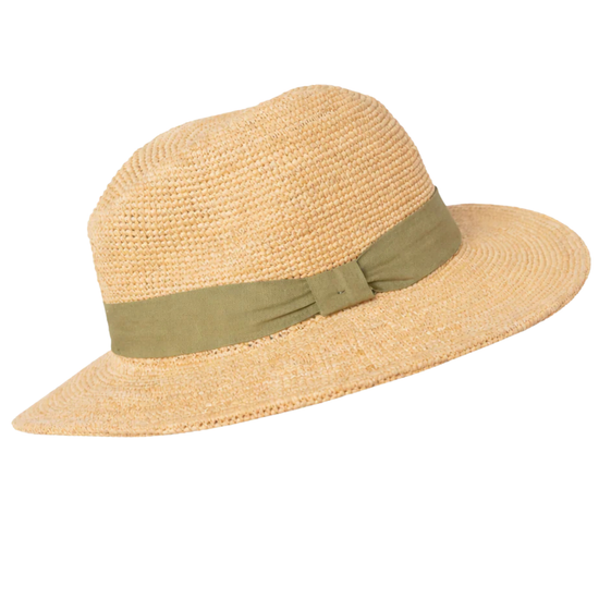 Beige straw hat with a green band on a white background