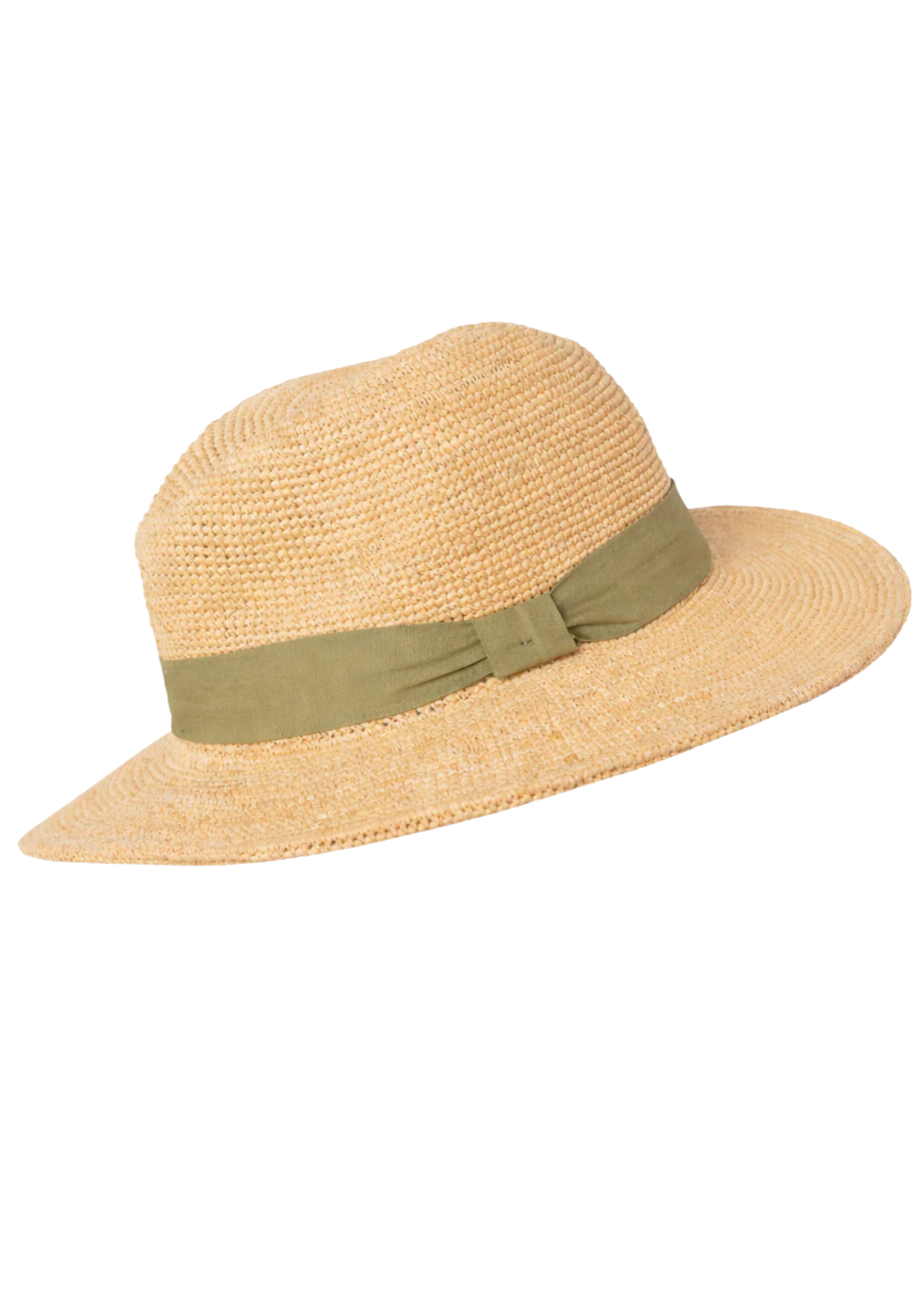 Beige straw hat with a green band on a white background