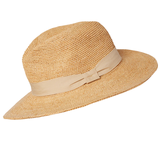 raffia hat with taupe band on a white background