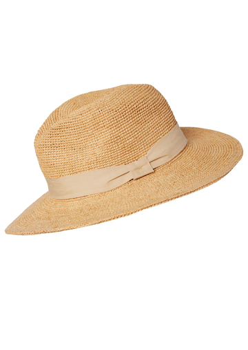 raffia hat with taupe band on a white background