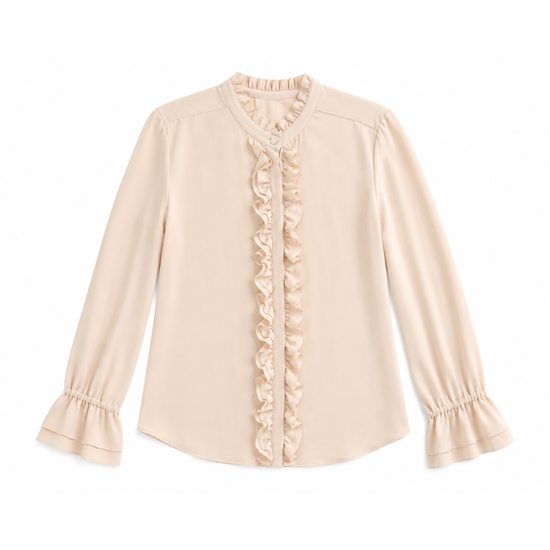 A light beige long-sleeve blouse with a ruffled collar and a vertical ruffle detail down the front, finished with elasticized ruffled cuffs, shown on a plain white background.