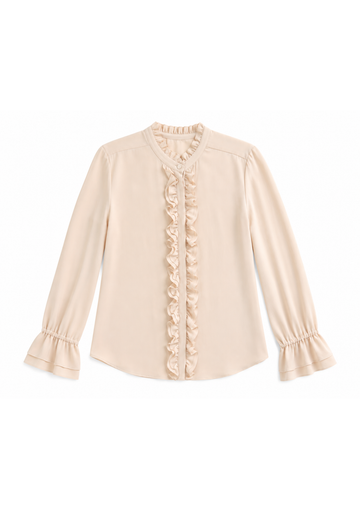 A light beige long-sleeve blouse with a ruffled collar and a vertical ruffle detail down the front, finished with elasticized ruffled cuffs, shown on a plain white background.