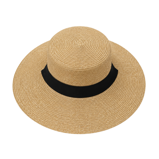 Beige straw hat with a black band on a white background