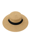 Beige straw hat with a black band on a white background