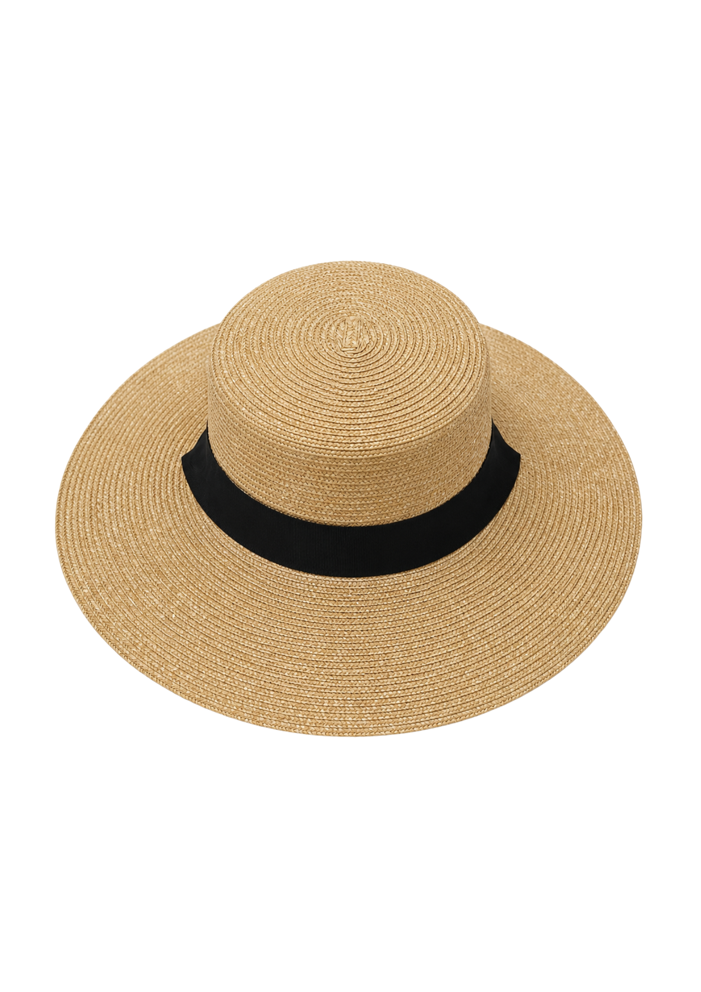 Beige straw hat with a black band on a white background