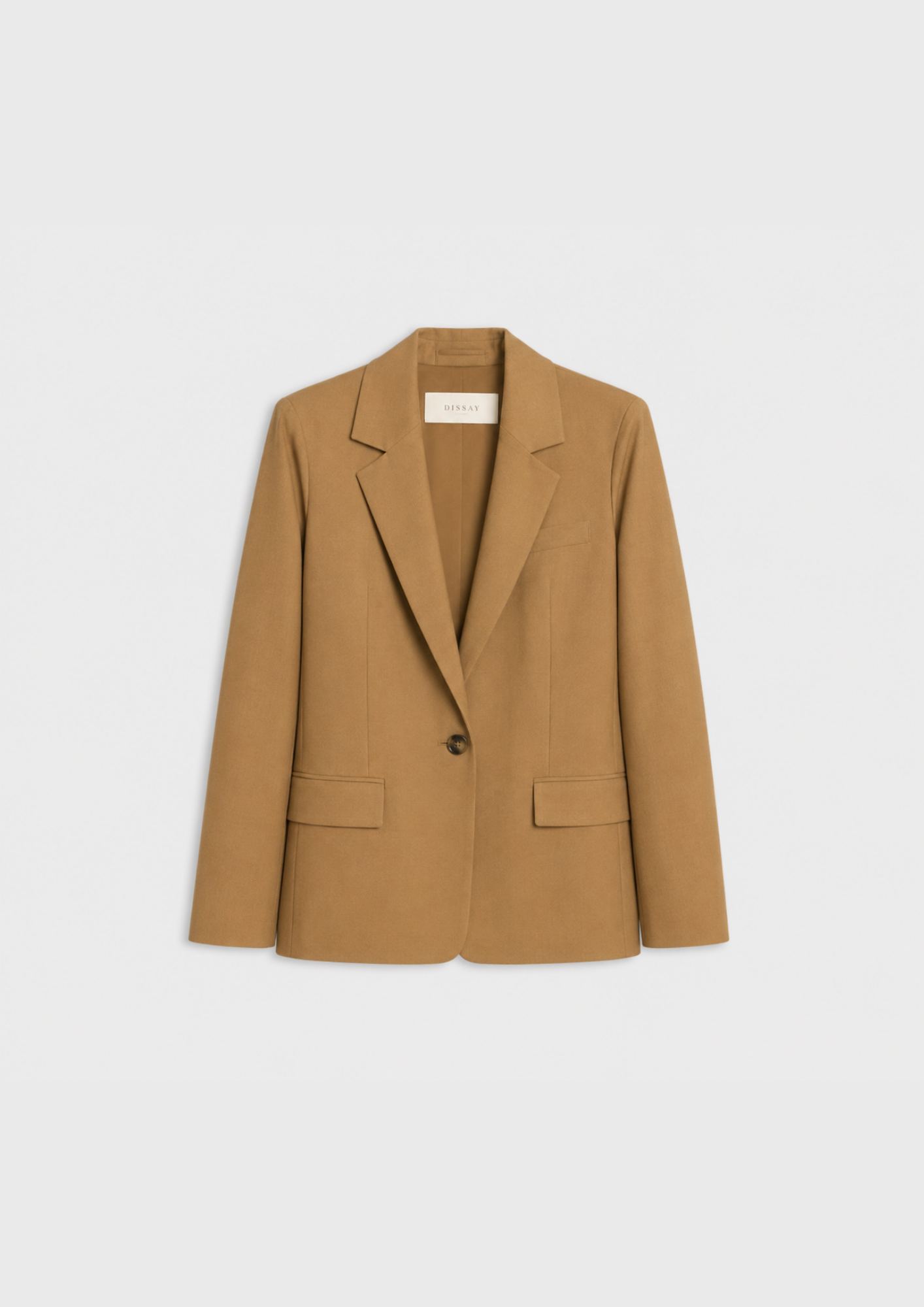 flat lay of a camel jacket on a plain white background 