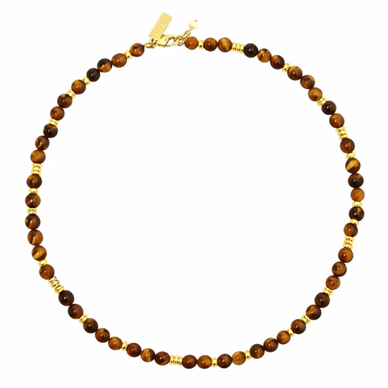 Necklace with brown beads and gold accents on a white background