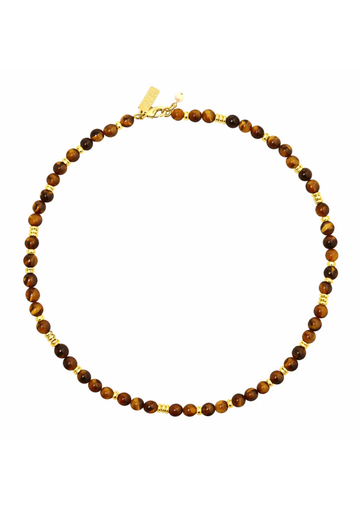 Necklace with brown beads and gold accents on a white background