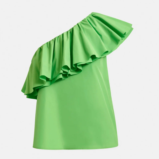 Green one-shoulder ruffled top on a light gray background