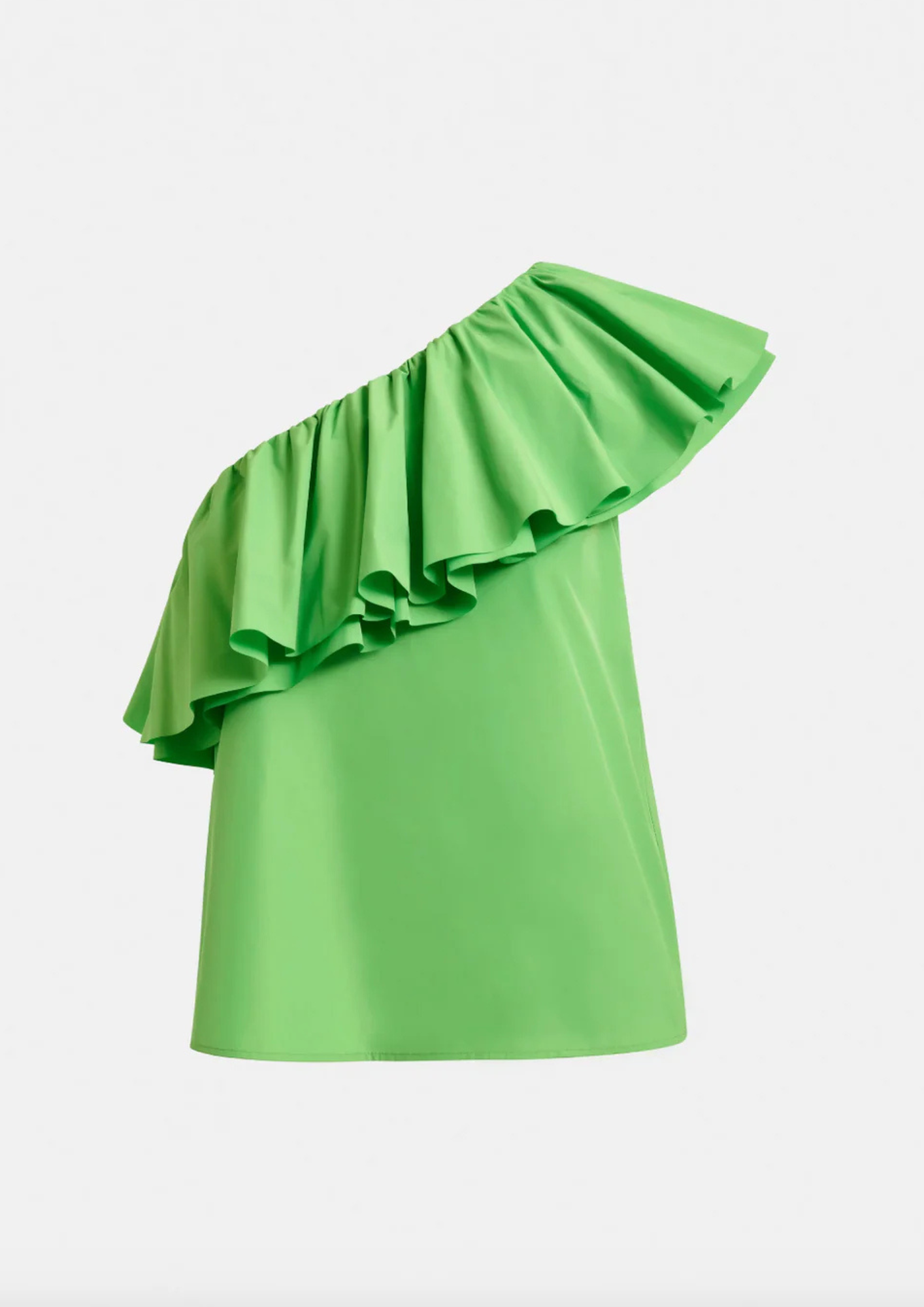 Green one-shoulder ruffled top on a light gray background