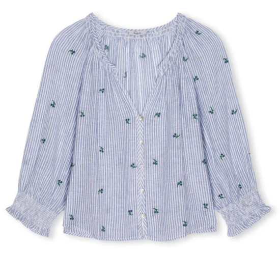 v neck blue stripe blouse with embroidered flowers from rails