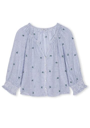v neck blue stripe blouse with embroidered flowers from rails
