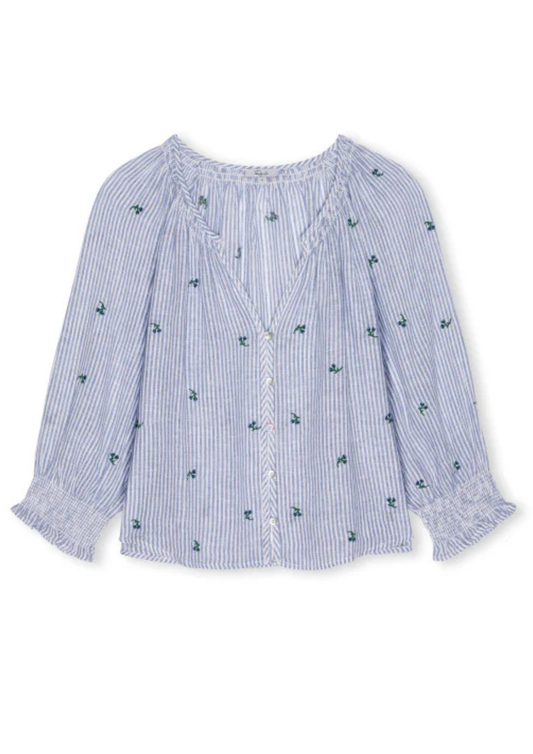 v neck blue stripe blouse with embroidered flowers from rails
