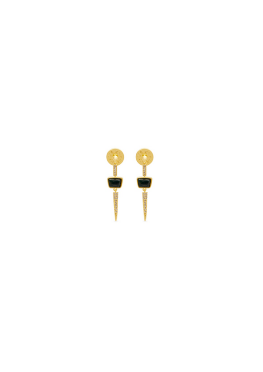 A pair of gold-toned drop earrings with circular studs, a small rectangular black inlay, and tapered pointed drops, shown on a plain white background.