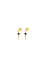 A pair of gold-toned drop earrings with circular studs, a small rectangular black inlay, and tapered pointed drops, shown on a plain white background.