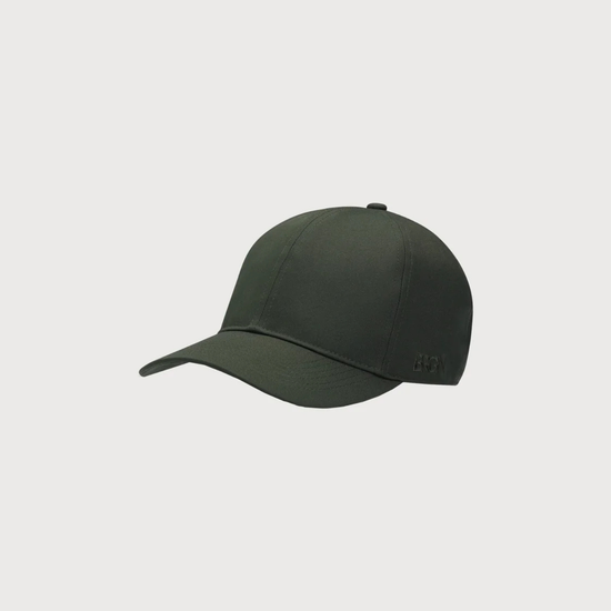A black baseball cap with a dark pink embroidered logo on the front, displayed against a light gray background.