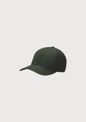 A black baseball cap with a dark pink embroidered logo on the front, displayed against a light gray background.