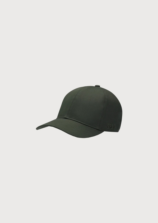 A black baseball cap with a dark pink embroidered logo on the front, displayed against a light gray background.