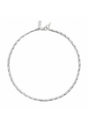 A silver-toned twisted rope choker necklace with a small rectangular engraved tag and a tiny pearl accent, displayed on a clean white background.