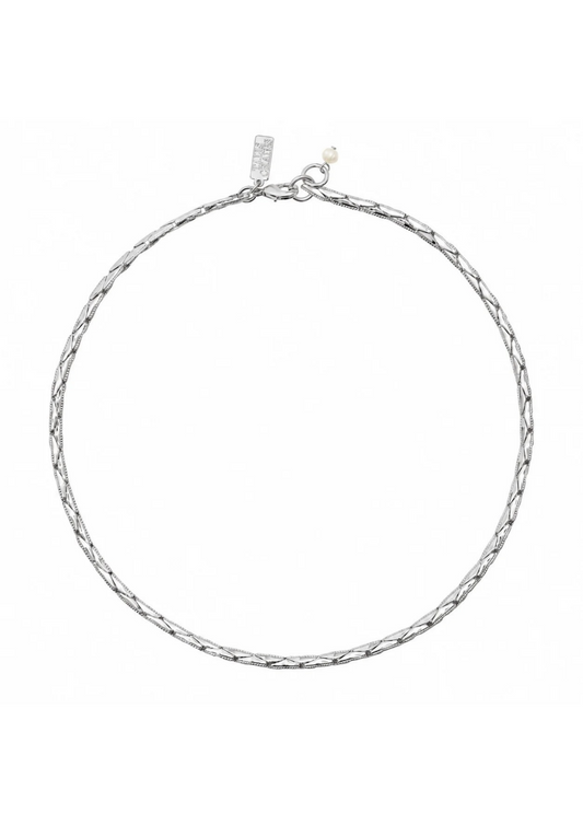 A silver-toned twisted rope choker necklace with a small rectangular engraved tag and a tiny pearl accent, displayed on a clean white background.