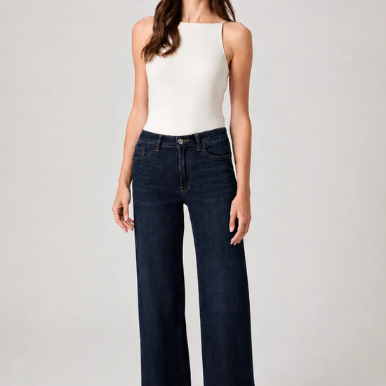 Dark wash denim with braided pocket detail
