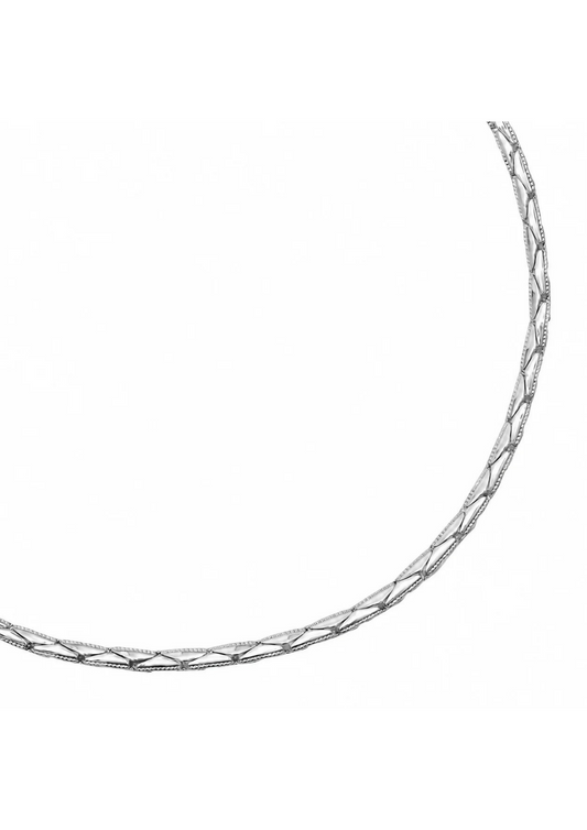 A silver-toned chain necklace with a textured, woven geometric pattern, shown against a plain white background.