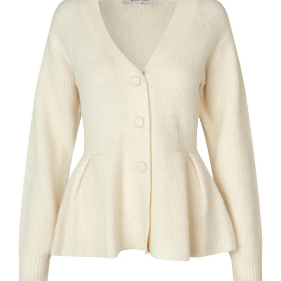An off-white ribbed knit cardigan sweater with a V-neck, three front buttons, and a peplum waist, shown on a plain white background.
