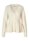 An off-white ribbed knit cardigan sweater with a V-neck, three front buttons, and a peplum waist, shown on a plain white background.
