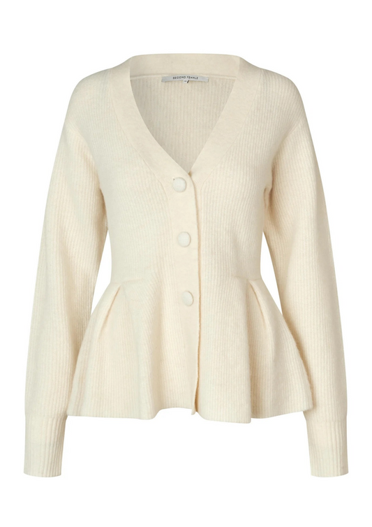 An off-white ribbed knit cardigan sweater with a V-neck, three front buttons, and a peplum waist, shown on a plain white background.