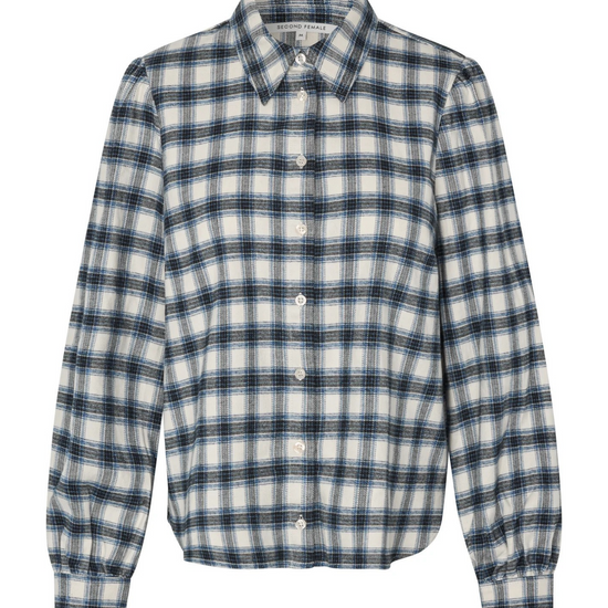 A long-sleeve button-up shirt with a blue, white, and gray plaid pattern, shown flat against a solid white background.