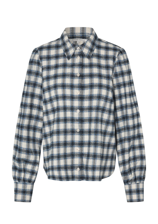 A long-sleeve button-up shirt with a blue, white, and gray plaid pattern, shown flat against a solid white background.