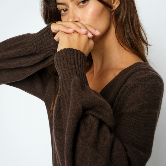 Woman wearing a brown wrap cardigan close up 