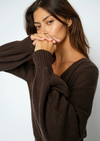 Woman wearing a brown wrap cardigan close up 