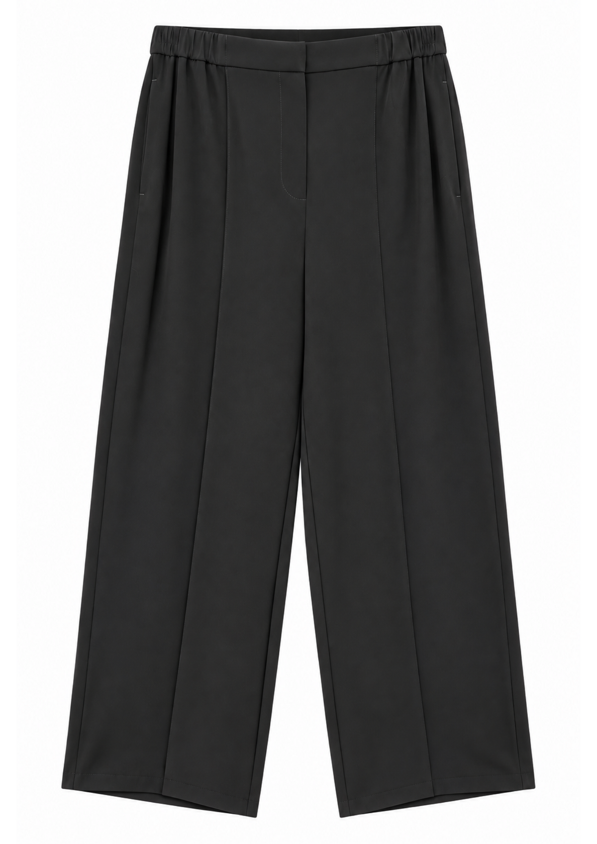 flat lay of black suit trousers on a white background