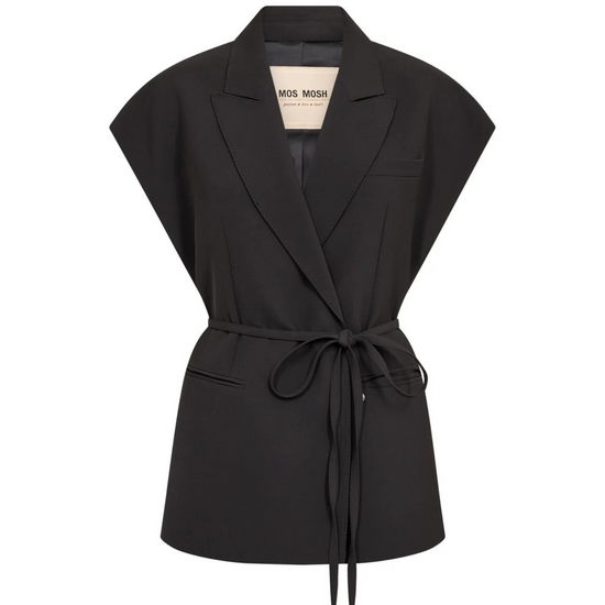 Sleeveless black blazer with tie on a white background 