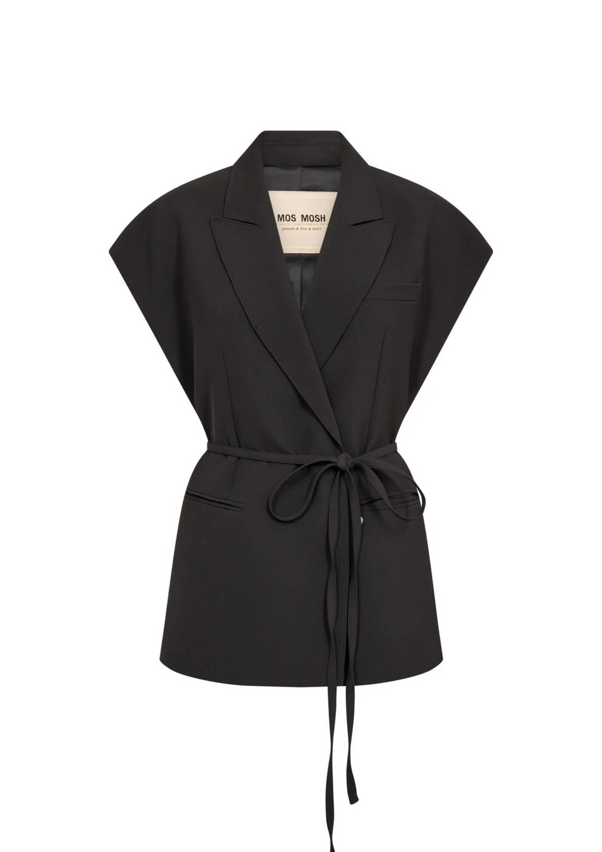 Sleeveless black blazer with tie on a white background 