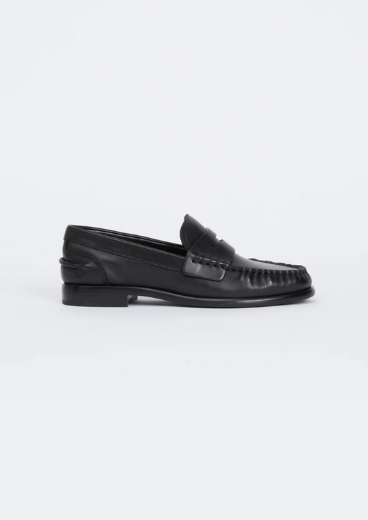 a side profile of a black leather loafer on a plain white background