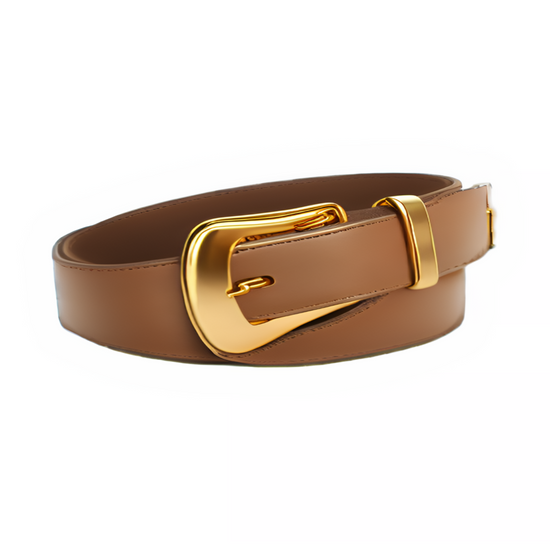 tan leather belt with a gold buckle