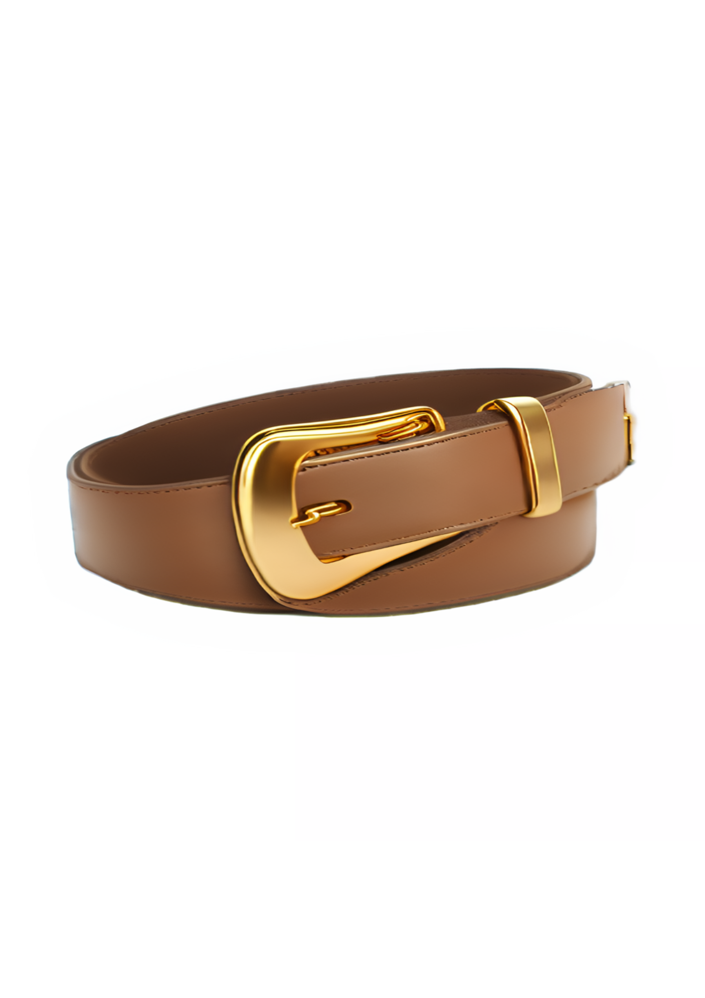 tan leather belt with a gold buckle