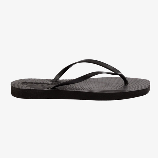 Black flip flops on a white background