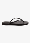 Black flip flops on a white background