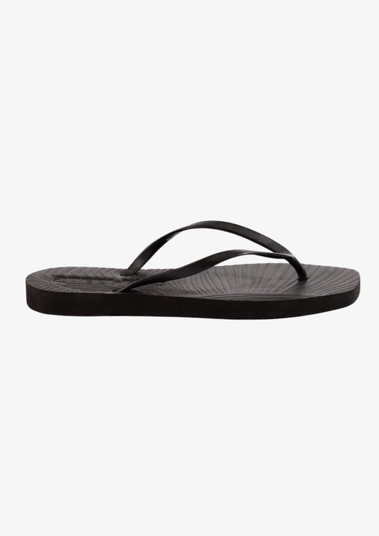 Black flip flops on a white background