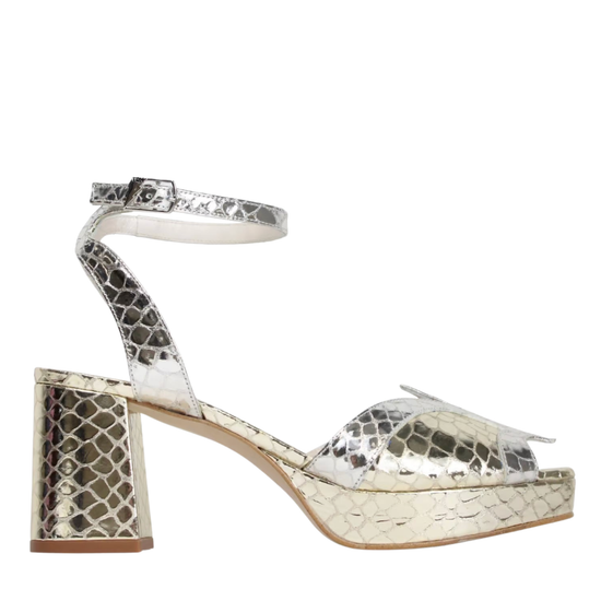 Silver and gold snake print block heel shoe