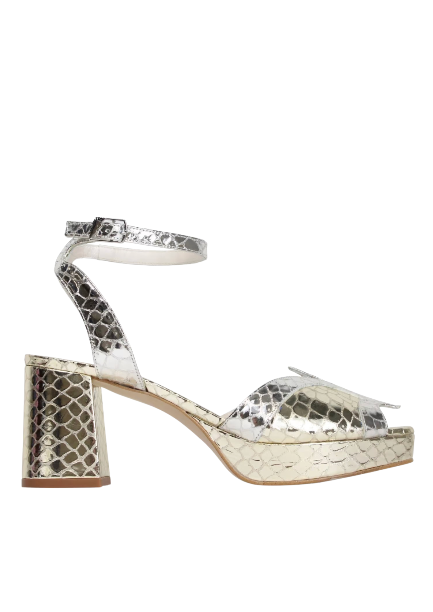 Silver and gold snake print block heel shoe